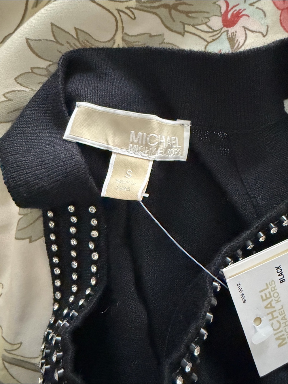 MICHAEL Michael Kors Black Knit Top with Rhinestone Neckline